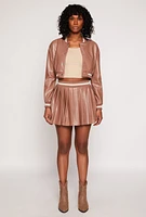 Womens Faux Leather Cropped Bomber Jacket, Brown, Size M