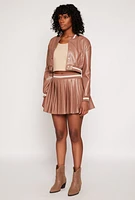 Womens Faux Leather Cropped Bomber Jacket, Brown, Size M