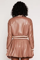Womens Faux Leather Cropped Bomber Jacket, Brown, Size M