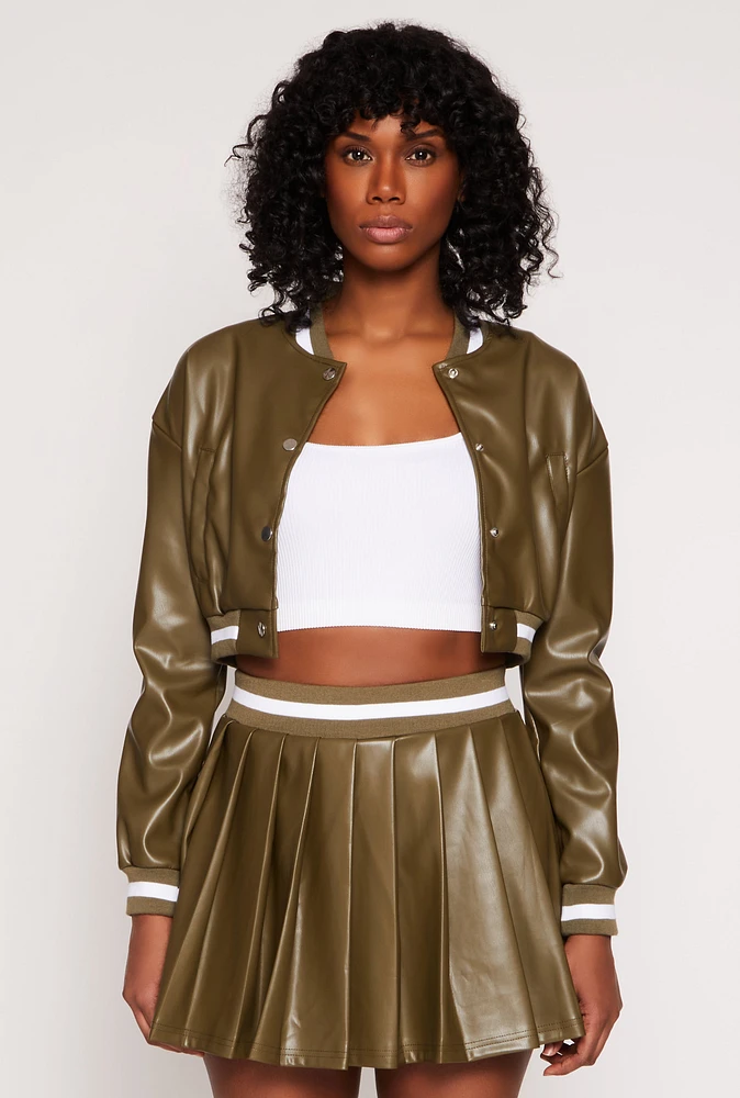 Womens Faux Leather Cropped Bomber Jacket, Green, Size M