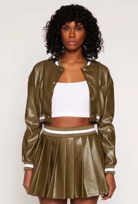 Womens Faux Leather Cropped Bomber Jacket, Green, Size M