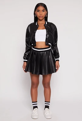 Womens Faux Leather Varsity Stripe Pleated Skort,