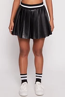 Womens Faux Leather Varsity Stripe Pleated Skort,