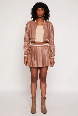 Womens Faux Leather Varsity Stripe Pleated Skort, Brown, Size XL