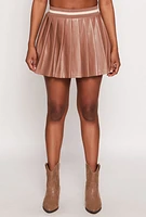 Womens Faux Leather Varsity Stripe Pleated Skort, Brown, Size XL