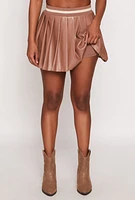 Womens Faux Leather Varsity Stripe Pleated Skort, Brown, Size XL