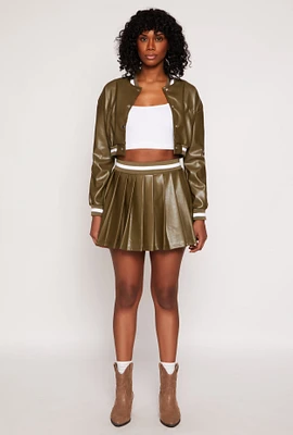 Womens Faux Leather Varsity Stripe Pleated Skort, Green, Size M