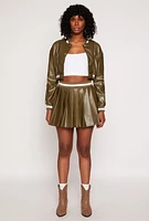 Womens Faux Leather Varsity Stripe Pleated Skort, Green, Size M