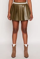 Womens Faux Leather Varsity Stripe Pleated Skort, Green, Size M