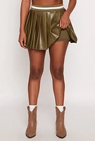 Womens Faux Leather Varsity Stripe Pleated Skort, Green, Size M