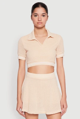 Womens Textured Knit Johnny Collar Crop Top,