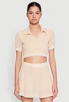 Womens Textured Knit Johnny Collar Crop Top, Beige, Size M