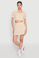 Womens Textured Knit Johnny Collar Crop Top, Beige, Size M