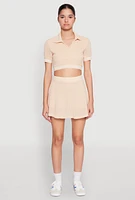 Womens Textured Knit Johnny Collar Crop Top, Beige, Size M