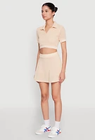 Womens Textured Knit Johnny Collar Crop Top, Beige, Size M
