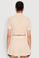 Womens Textured Knit Johnny Collar Crop Top, Beige, Size M