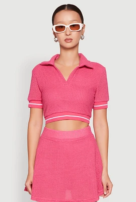 Womens Textured Knit Johnny Collar Crop Top, Pink, Size L