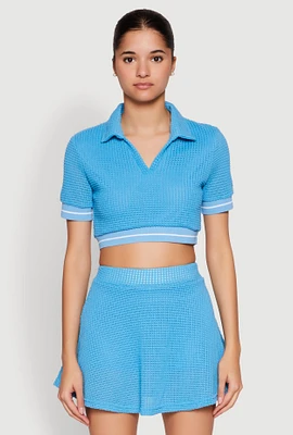 Womens Textured Knit Johnny Collar Crop Top,