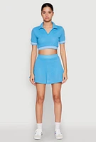 Womens Textured Knit Johnny Collar Crop Top,