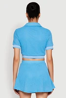 Womens Textured Knit Johnny Collar Crop Top,