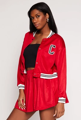 Womens C Initial Snap Button Bomber Jacket,