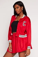 Womens C Initial Snap Button Bomber Jacket, Red, Size L