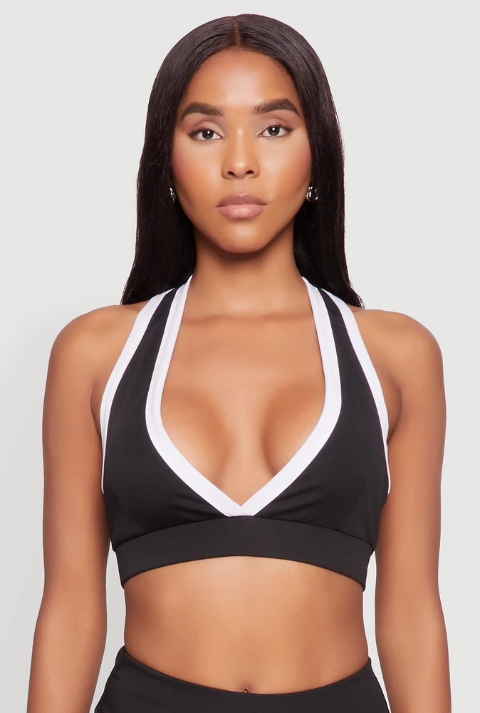 Womens Contrast Trim V Neck Racerback Crop Top, Black,