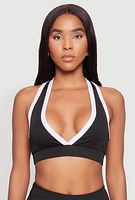 Womens Contrast Trim V Neck Racerback Crop Top, Black,
