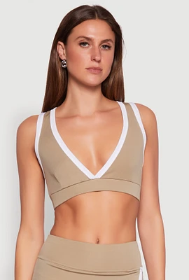 Womens Contrast Trim V Neck Racerback Crop Top,