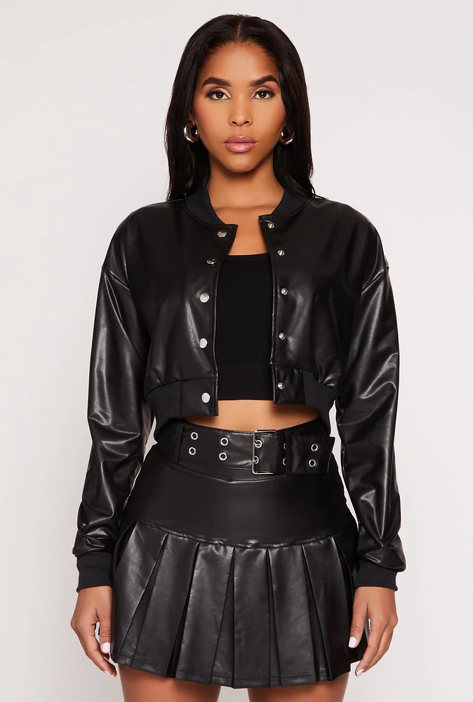 Womens Faux Leather Cropped Bomber Jacket,