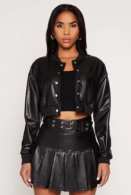 Womens Faux Leather Cropped Bomber Jacket, Black, Size XL