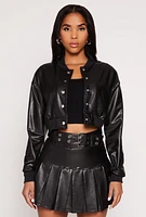 Womens Faux Leather Cropped Bomber Jacket,