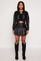 Womens Faux Leather Cropped Bomber Jacket,