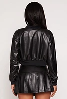 Womens Faux Leather Cropped Bomber Jacket,