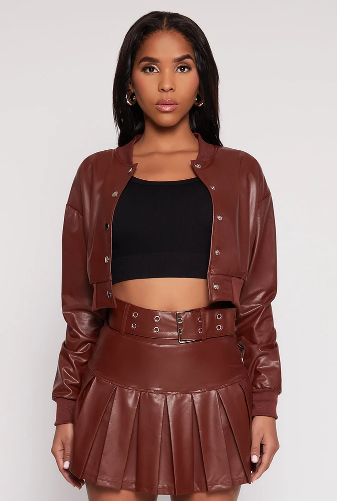 Womens Faux Leather Cropped Bomber Jacket, Brown,