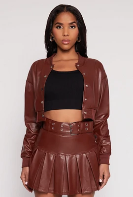 Womens Faux Leather Cropped Bomber Jacket, Brown,