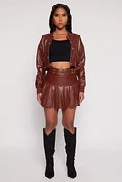 Womens Faux Leather Cropped Bomber Jacket, Brown, Size M