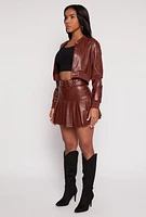 Womens Faux Leather Cropped Bomber Jacket, Brown, Size M