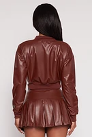 Womens Faux Leather Cropped Bomber Jacket, Brown,