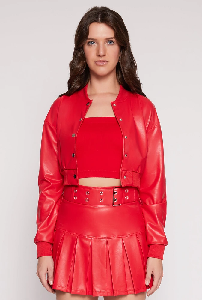 Womens Faux Leather Cropped Bomber Jacket, Red, Size M