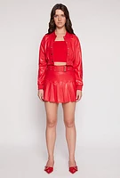 Womens Faux Leather Cropped Bomber Jacket, Red, Size M