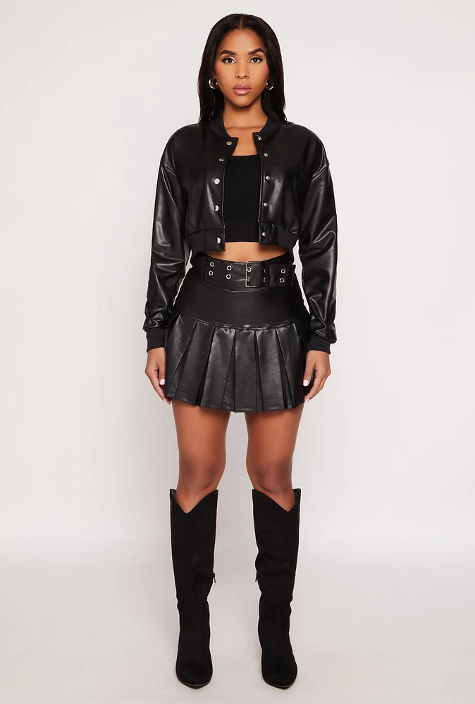 Womens Faux Leather Belted Pleated Skort, Black, Size M