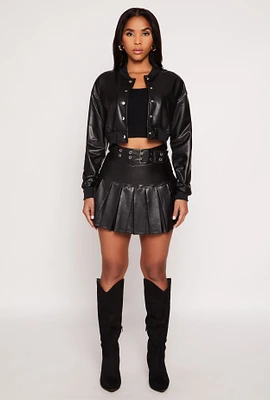 Womens Faux Leather Belted Pleated Skort, Black, Size M