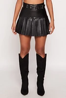 Womens Faux Leather Belted Pleated Skort, Black, Size M