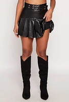 Womens Faux Leather Belted Pleated Skort,