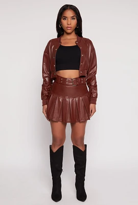 Womens Faux Leather Belted Pleated Skort,
