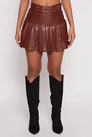 Womens Faux Leather Belted Pleated Skort,