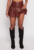 Womens Faux Leather Belted Pleated Skort,