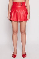 Womens Faux Leather Belted Pleated Skort, Red, Size L