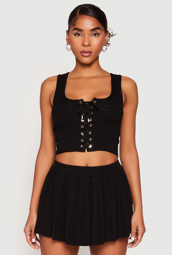 Womens Textured Knit Pointelle Lace Up Crop Top, Black, Size L